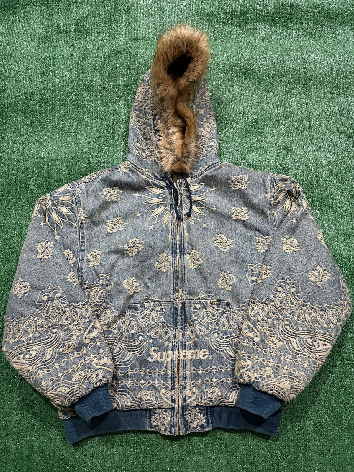 Supreme Bandana Jacquard Denim Hooded Work Jacket Blue