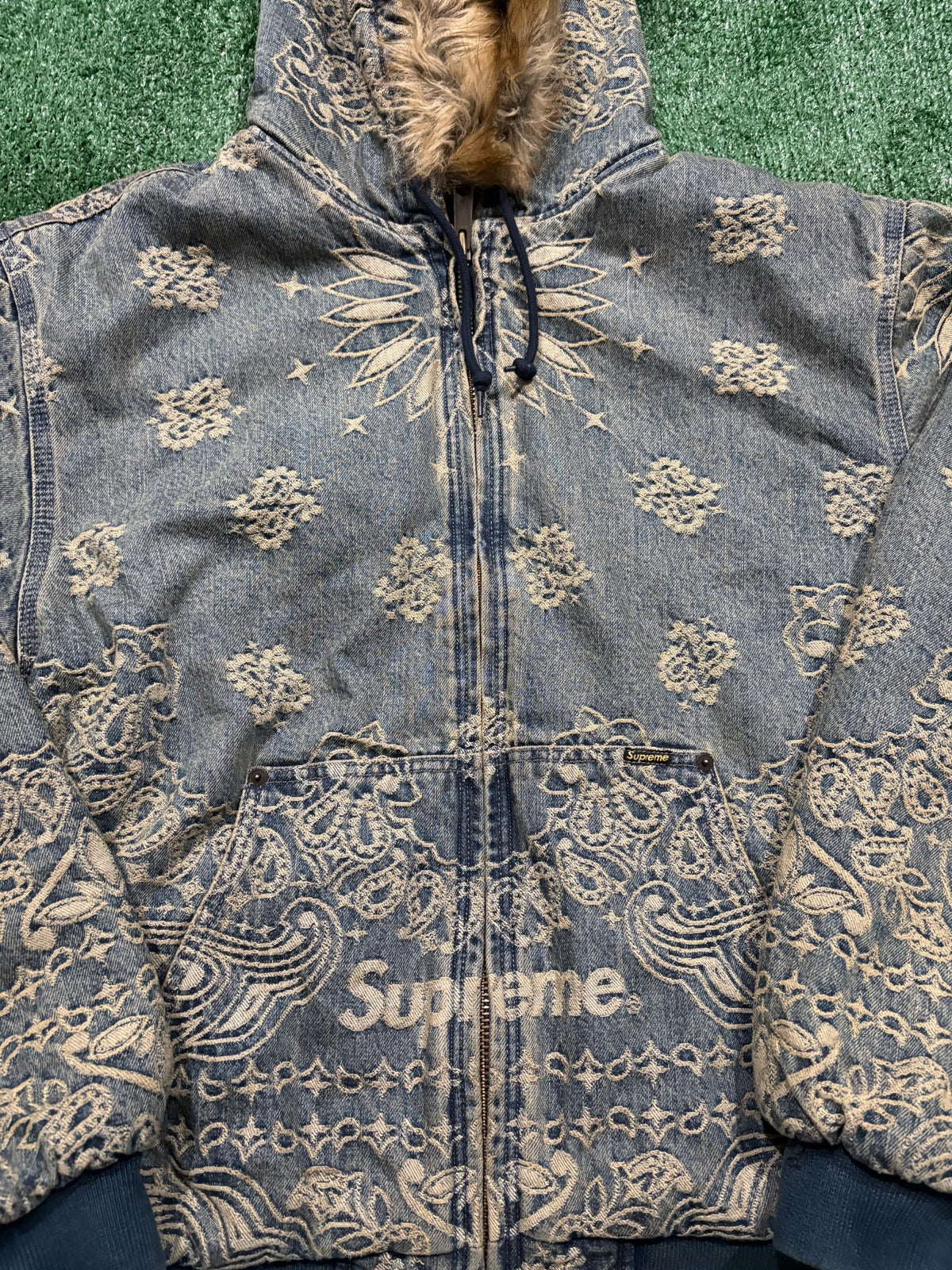 Supreme Bandana Jacquard Denim Hooded Work Jacket Blue